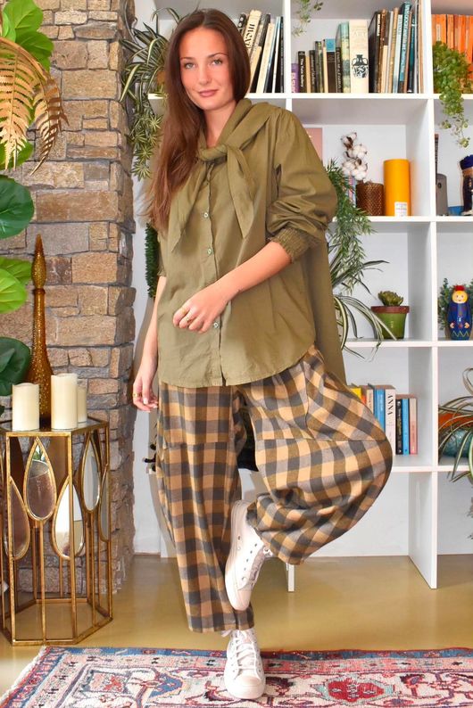 Nora Brushed Cotton Gingham Classic Barrel Pant Deep Olive